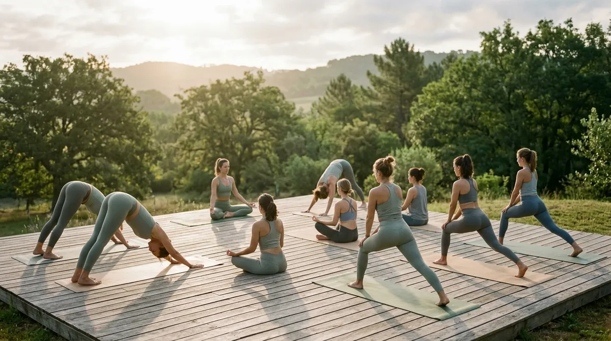 Cours de yoga collectif en extérieur au lever du soleil
