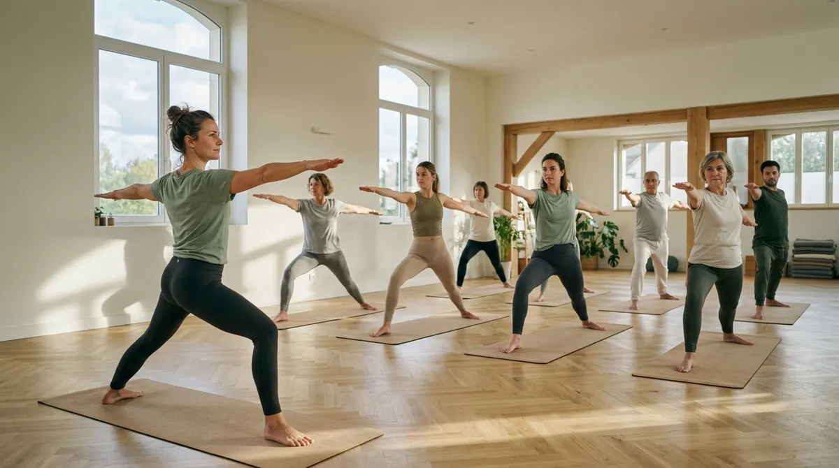 Cours de yoga collectif dans un studio lumineux